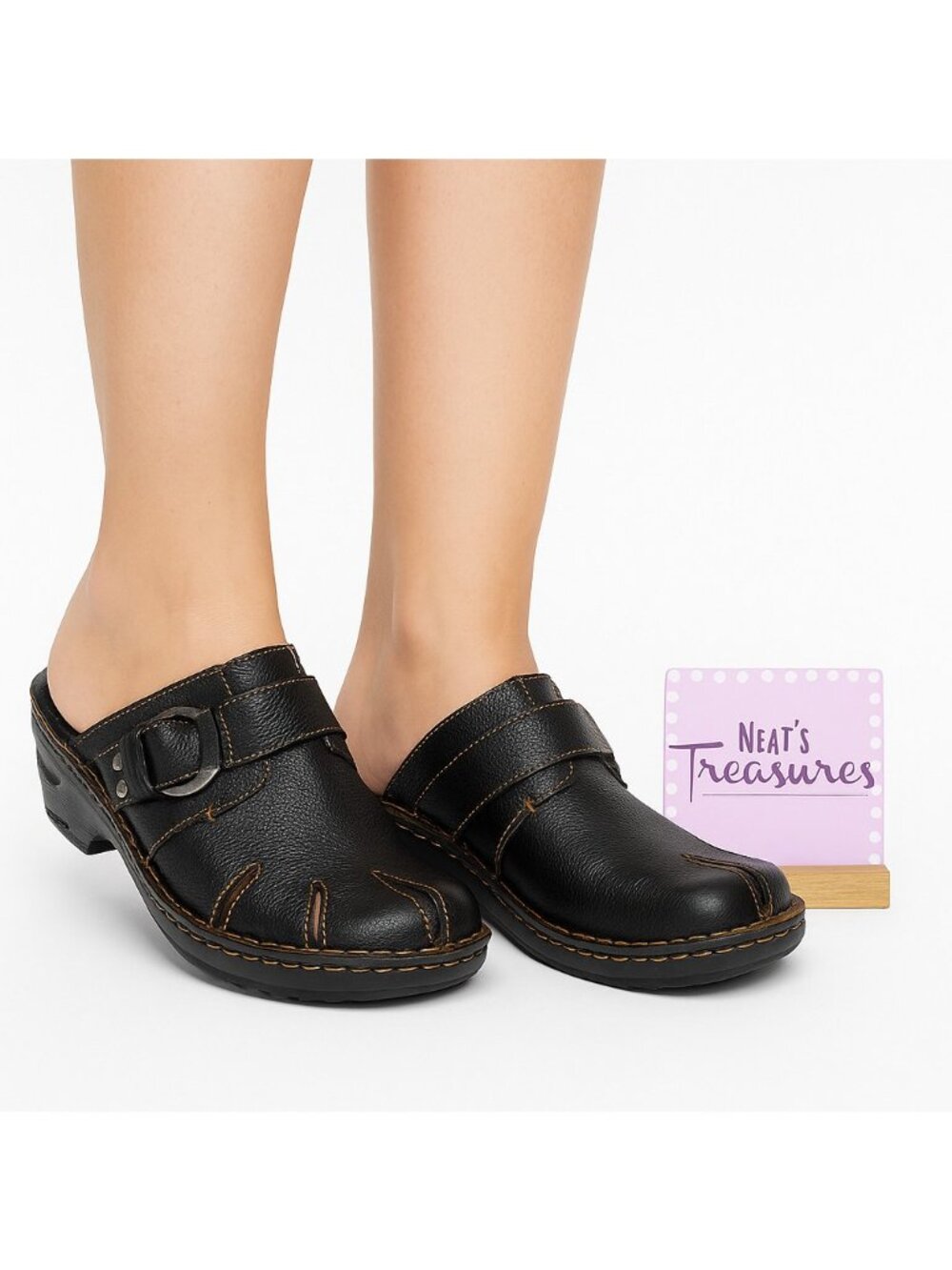 Thom McAn SHACKLE Dark Brown Buckle Accent Leather Slip On Clogs Sz 7 M EU 38.5